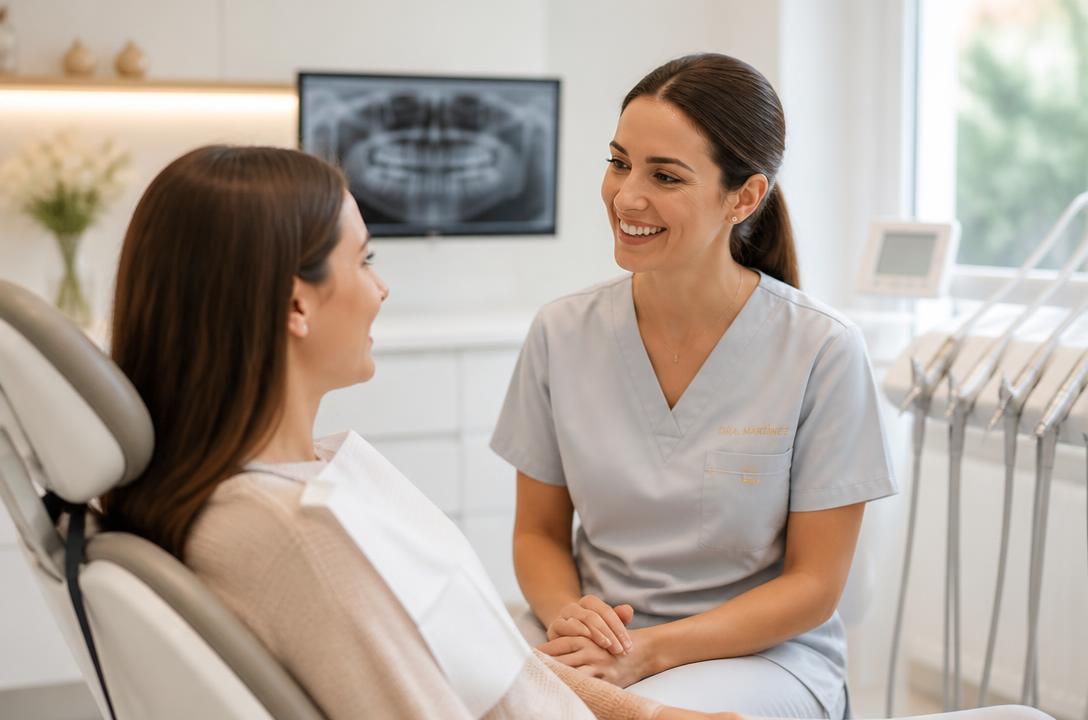 Dentista realizando tratamento de canal com microscópio em clínica moderna